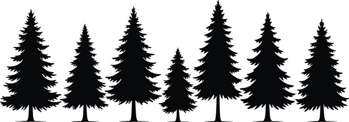 Art & IllustrationSilhouette of pine trees, evergreen forest illustration, black spruce tree set on white background, nature landscape graphic, vector art