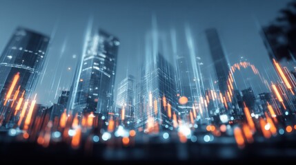 Futuristic Cityscape with Digital Financial Overlay, Representing Global Markets and High-Tech Business in Urban Environment