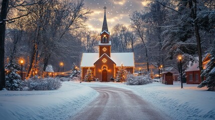 A tiny church bathed in Christmas lights glows warmly through the snow in a peaceful village on a cold winter night.