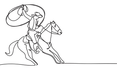 Cowboy Lassoing on Horseback Continuous Line Drawing
