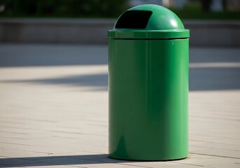 Obraz premium Green Trash Can Outdoor Public Waste Bin on Paved Ground