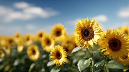 Fototapeta premium Vibrant Sunflower Field Under a Sunny Sky: A Captivating Summer Landscape with Blue Sky