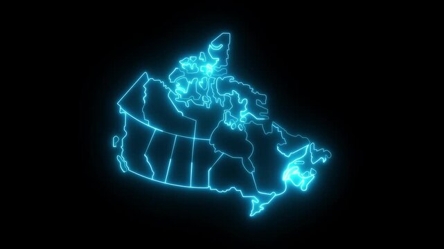 glowing neon Canada map icon animation on black background. neon glowing Canada map silhouette. Canada abstract futuristic concept neon outline map animation.