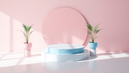 Minimalist pastel stage with plants and soft light casting shadows