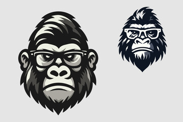 This is a vector image of a gorilla head logo wearing glasses, suitable for company logo designs, textiles, jackets, t-shirts, food, drinks, chocolate, vests, glasses, tents, outdoor equipment, sports