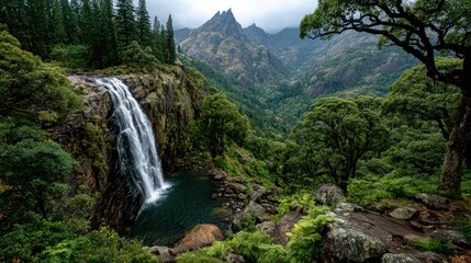 Tall waterfall flowing from the heart of a mountain range, framed by steep slopes and dense greenery