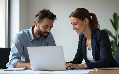 Obraz premium Team of mature partners business man and European business woman discussing work on laptop and documents in office. Two colleagues of professional business people working together. Banner, copy space