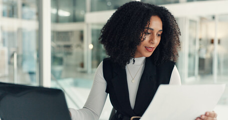 Reading, paperwork or woman in office with report, payroll records or HR administration for...