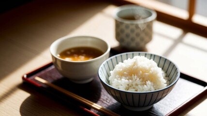 Traditional Japanese breakfast spread with rice, miso soup
