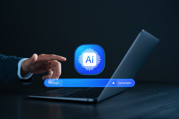 AI content generation concept with prompt input and generate button. Businessman using artificial intelligence on laptop to create digital content through smart, automated technology.