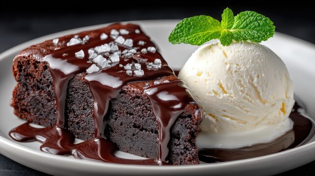 Chocolate fudge cake slice with ice cream (2)