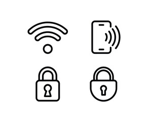Four black line icons wifi signal phone and locks mobile
