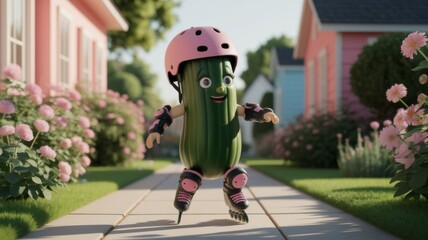 Funny Cucumber Character Roller Skating with Helmet and Pads