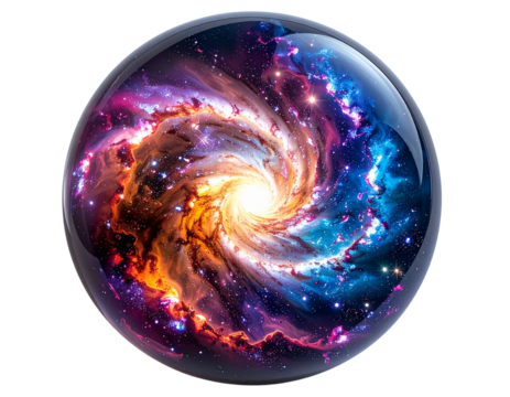 Crystal Sphere Containing a Vibrant Galaxy, Top-Down View, Isolated on Transparent Background