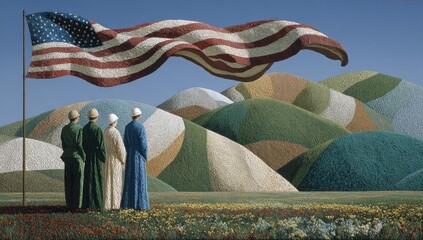 American flag,  people, hills, colorful landscape