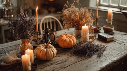 Warm candlelight illuminates orange pumpkins, dried lavender, and rustic decor on old wooden table. 