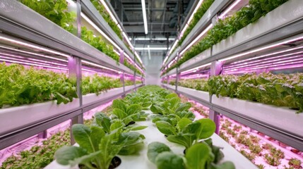 Hydroponic system growing rows of organic green plants under specialized LED spectrum lighting inside modern farm.