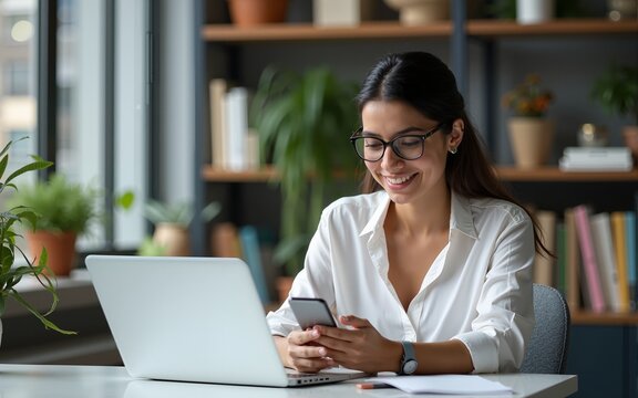 Hispanic business woman manager using cell phone mobile app, laptop. Smiling Latin or Indian student girl holding smartphone sitting in office or modern library, working online on gadget, copy space.