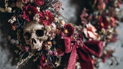 Dark aesthetic wreath showcases skull with dried maroon flowers and lush velvet ribbon accents.