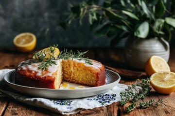 A slice of moist cake rests on a beautiful patterned napkin, surrounded by fresh lemon halves and herbs. The setting feels warm and inviting, perfect for a leisurely afternoon