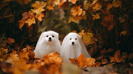 Adorable white dog with companion in ghost costume sitting on colorful autumn leaves.