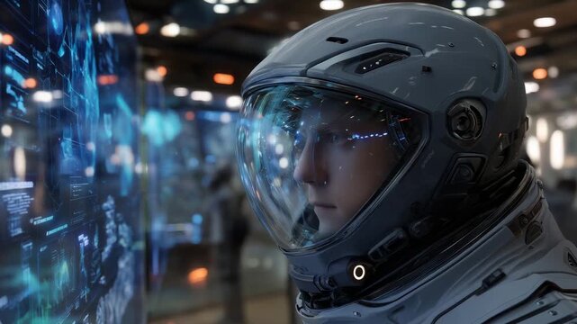 A futuristic astronaut in an advanced sleek spacesuit standing in a high-tech control room, reflective helmet visor displaying holographic data, neon-lit panels, floating 3D schematics, sci-fi 