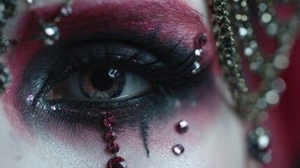 Close up view fantasy eye wears dramatic dark makeup glitter red gems intricate headpiece adornment