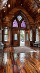 Fototapeta premium Wooden interior with stained glass doors