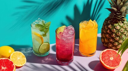 Refreshing summer drinks with colorful fruit, ice and citrus presented under tropical palm shadows.