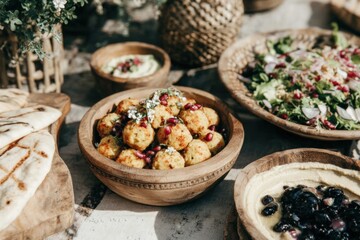 Fototapeta premium Guests enjoy a colorful array of Arabic falafel, fresh salads, and dips at a vibrant party. The table is adorned with wooden bowls and garnished with herbs and pomegranate seeds