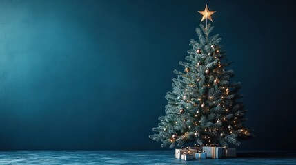 Christmas tree adorned with lights stands tall against a dark background, topped with a star. Below the tree, presents are arranged in a row, wrapped in blue paper with ribbons.
