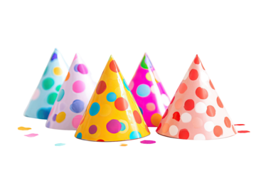 Five colorful party hats with polka dots