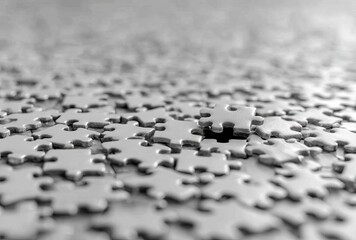 Close-up of a grayscale jigsaw puzzle, missing one piece