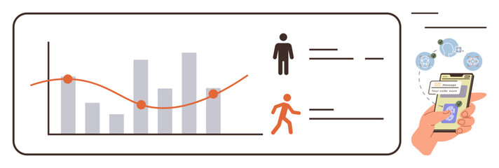 Bar chart and trend line show fitness data. Figures represent activity, with a hand holding a phone tracking health insights. Ideal for fitness, tracking, app interface, data, health, wellness