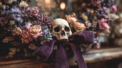 Gothic skull centerpiece features deep purple velvet bow surrounded by dark floral arrangement.