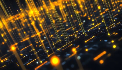 Abstract business strategy map with yellow digital overlays and global light trails