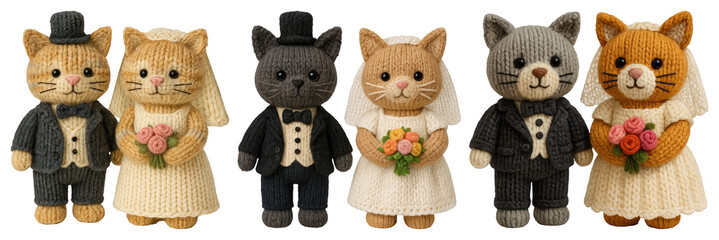 PNG Knitted cat wedding couples, element set on transparent background