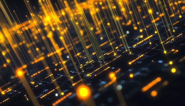 Abstract business strategy map with yellow digital overlays and global light trails - Powered by Adobe