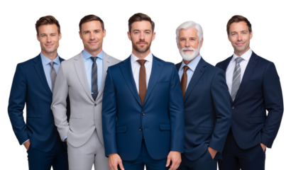 Diverse group of businessmen in suits smiling confidently, isolated on transparent background