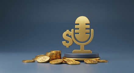 Golden Microphone and Dollar Sign with Stack of Coins Representing Podcast Monetization and Earning Potential in Online Audio Content Creation