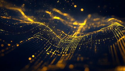 Abstract business strategy map with yellow digital overlays and global light trails