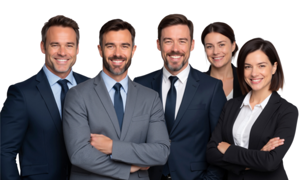Smiling successful business team in formal wear standing together, isolated on transparent background