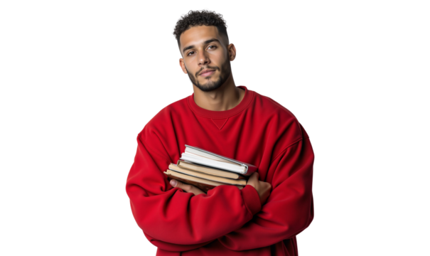 Handsome male college student wearing a red sweatshirt, holding books for study, isolated on white background