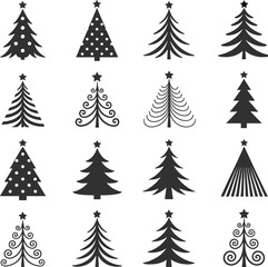 Black and White Christmas Tree Illustration Set, Minimalist Holiday Tree Designs, Creative Vector Christmas Icons for Decor