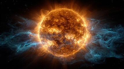 Glowing sun with fiery solar flares in outer space