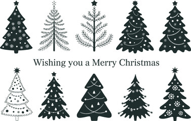 Christmas tree silhouettes, festive holiday clipart, black and white decorations, Merry & Bright quote, minimalist winter design, seasonal vector illustration.