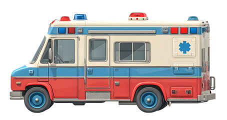 Cartoon ambulance with red, blue, and white colors isolated on transparent background