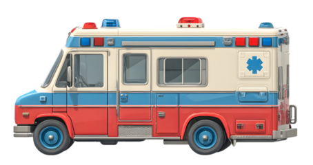 Cartoon ambulance with red, blue, and white colors isolated on transparent background
