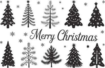 Christmas tree silhouettes, festive holiday clipart, black and white decorations, Merry & Bright quote, minimalist winter design, seasonal vector illustration.