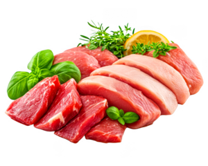 Fresh raw red meat pieces are assorted with herbs on transparent background